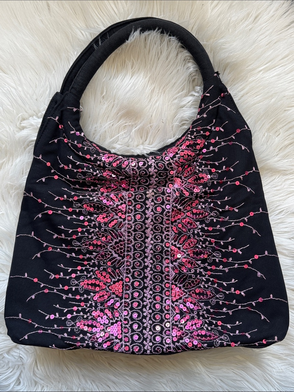Early 2000s Y2K Far Nine Black Embroidered Pink Sequin Hobo Purse